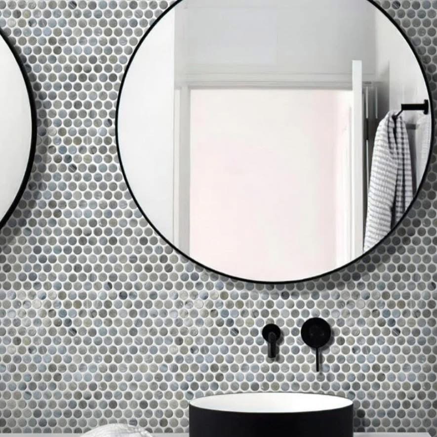 Penny round tile bathroom feature wall